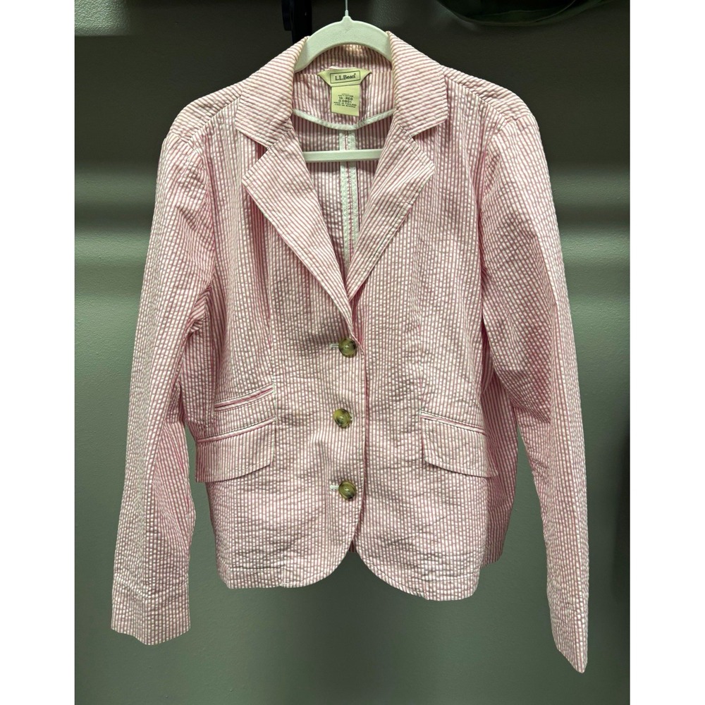 L.L. Bean Pink White Striped Seersucker Cotton Blazer Jacket Womens 16 Regular